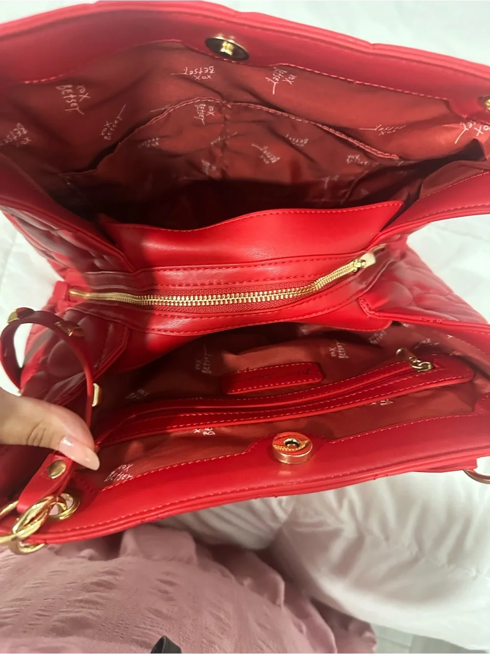 Betsey Johnson Red Quilted Heart Shoulder Bag with Floral Scarf and Gold Accents